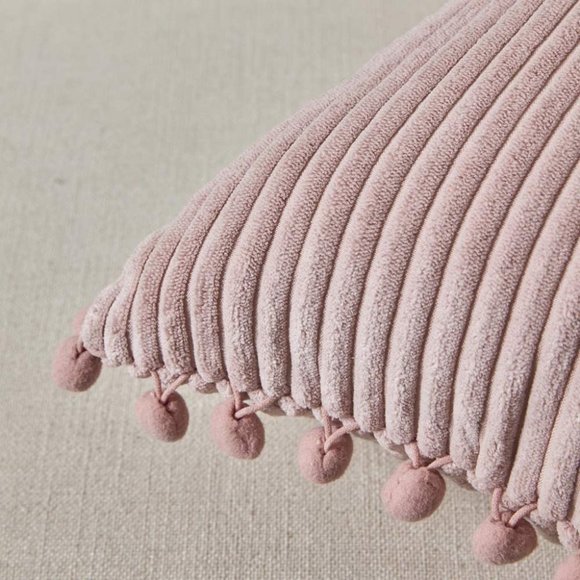 Blush Pink Corduroy Luxury Velvet Pompom Bed/Sofa Throw Pillow Cover/CaseSet - Picture 3 of 8